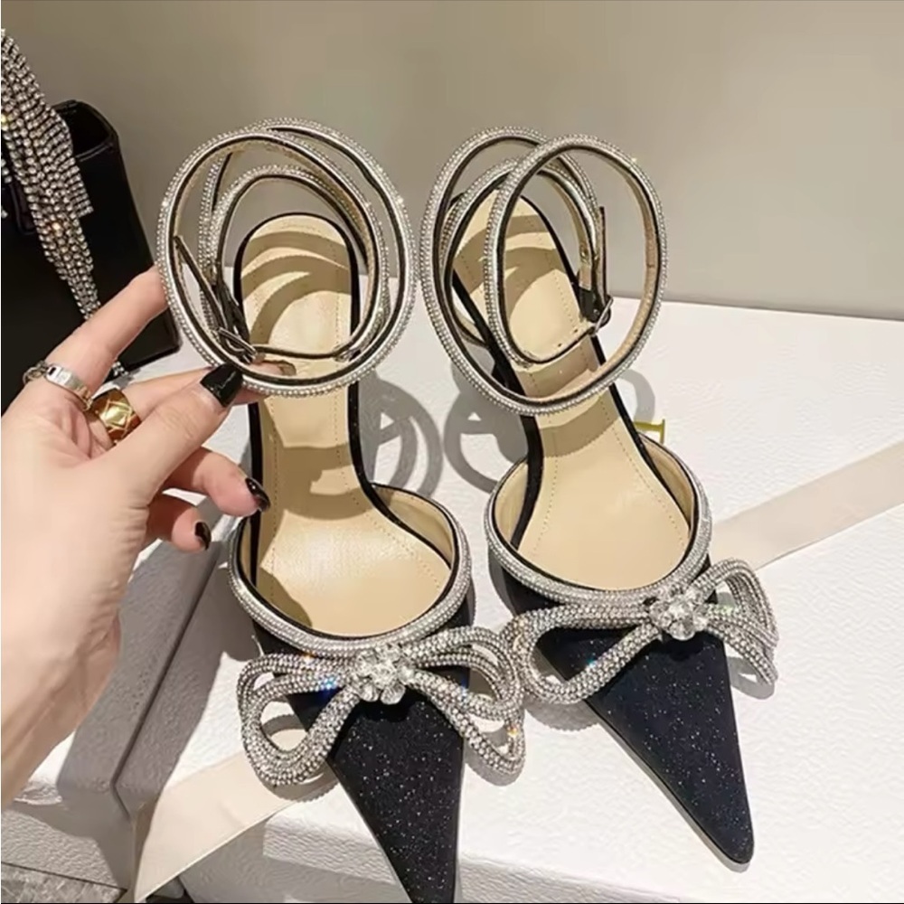 Silver Stiletto Heels with Bow Detail and Ankle Straps